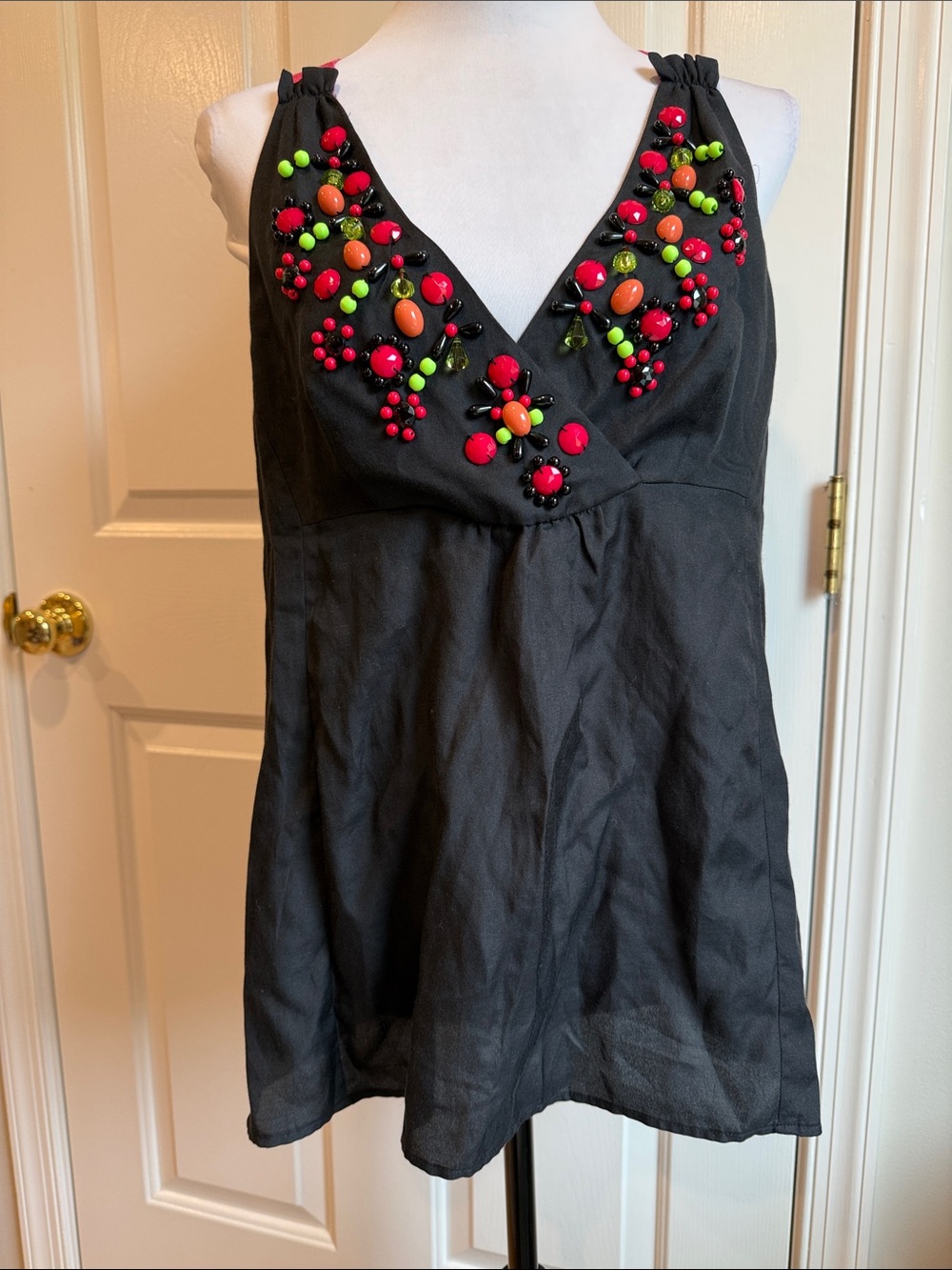 Nanette Lepore Vintage Black V-Neck Beaded Camisole with Neon Accents